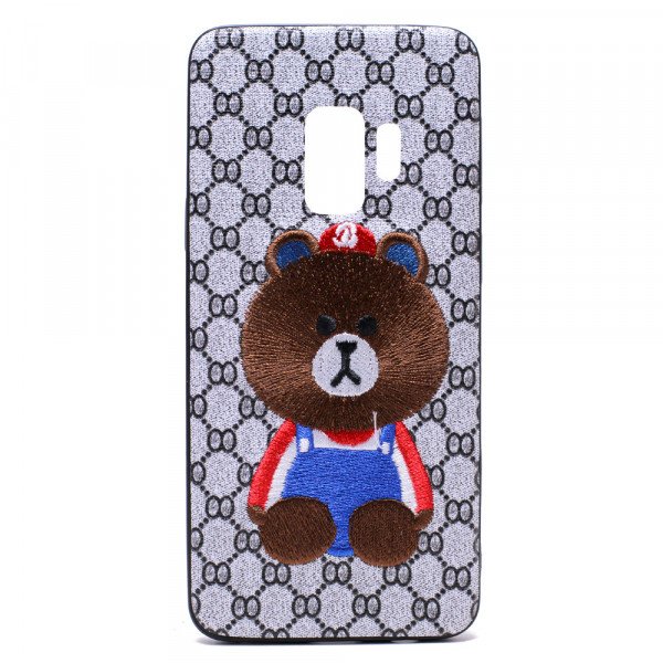 Wholesale Galaxy S9 Design Cloth Stitch Hybrid Case (Brown Bear)